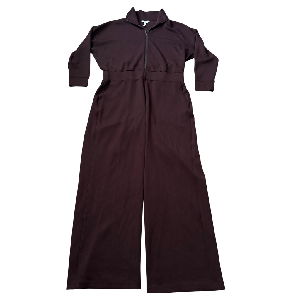 Spanx Air Essentials Long Sleeve Wide Leg Jumpsuit Sz 2x Truffle Brown Front Zip